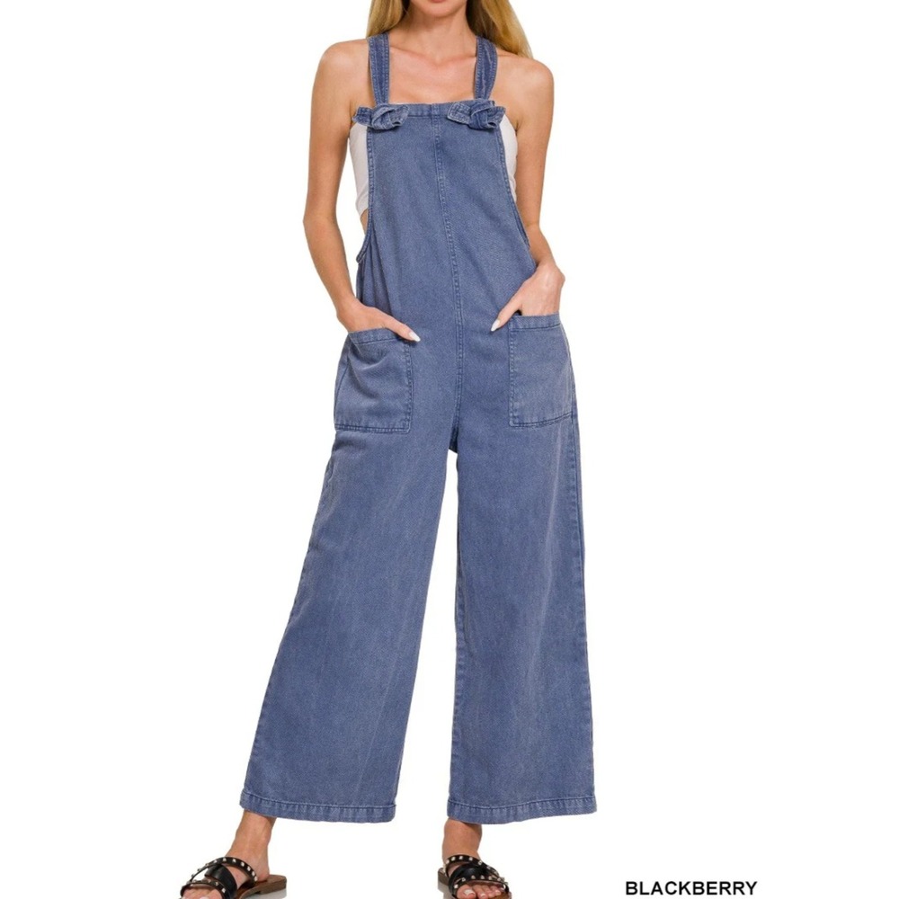 Zenana Washed‎ Knot Strap Pockets Jumpsuit summer 1864Y Large NWT